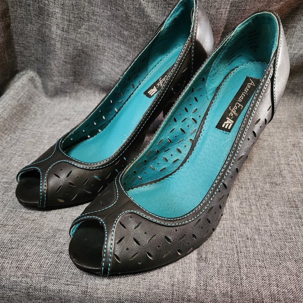 Women's Size 9 American Eagle Black Turquoise 3 1/2" High Heel Pump Shoes